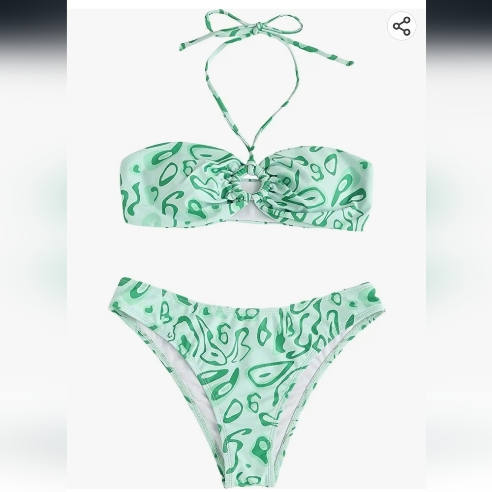 Milumia O'Ring  Tie Back Halter Bikini Set Allover Print in Green Size L